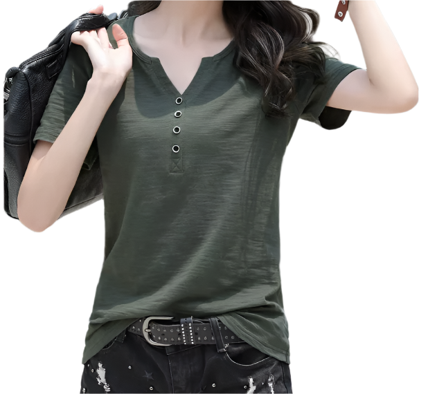 Women’s Cotton Short Sleeve V-neck Button SHIRT-BL141