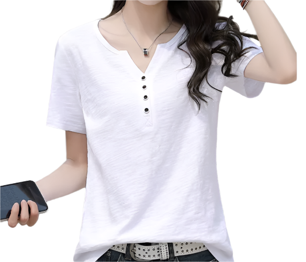 Women’s Cotton Short Sleeve V-neck Button SHIRT-BL141