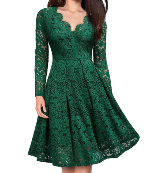Women’s Elegant V-neck Lace with Lining Long Sleeve Party DRESS-B110