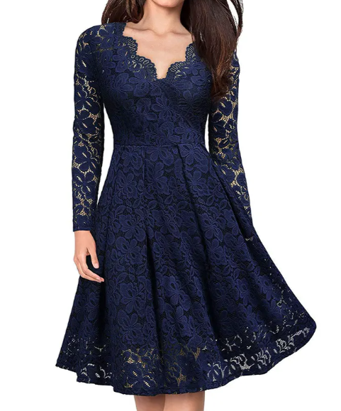 Women’s Elegant V-neck Lace with Lining Long Sleeve Party DRESS-B110