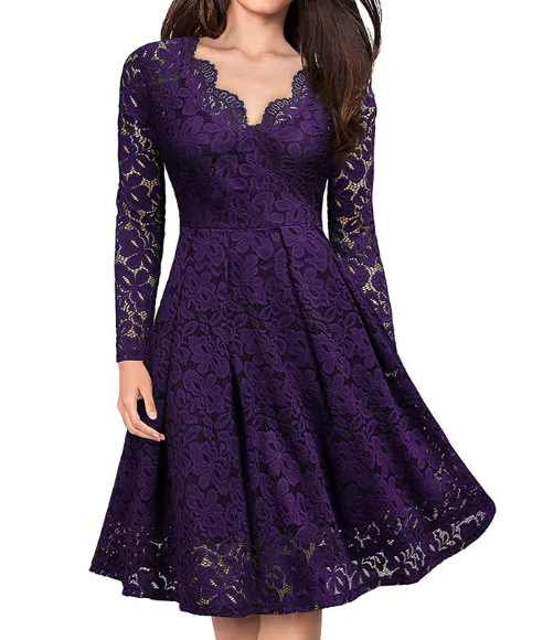 Women’s Elegant V-neck Lace with Lining Long Sleeve Party DRESS-B110