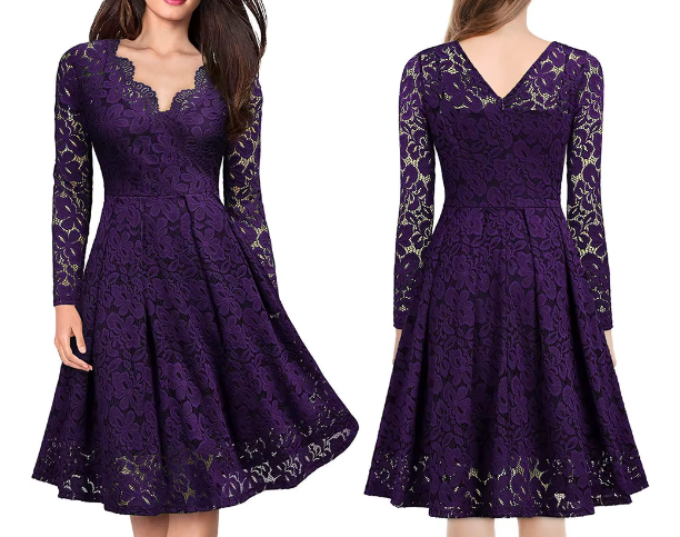 Women’s Elegant V-neck Lace with Lining Long Sleeve Party DRESS-B110