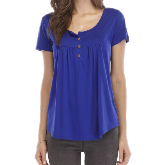 Women's High Quality Draw Pleat Button Short Sleeve Top SHIRT-BL139