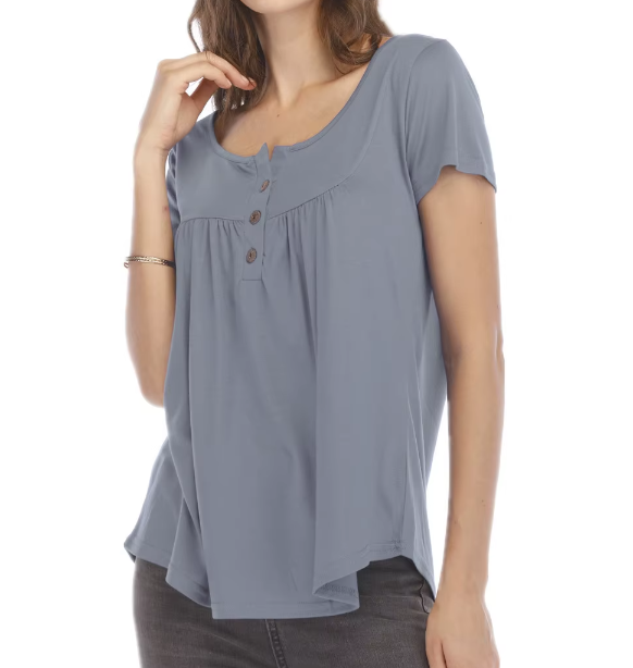 Women's High Quality Draw Pleat Button Short Sleeve Top SHIRT-BL139