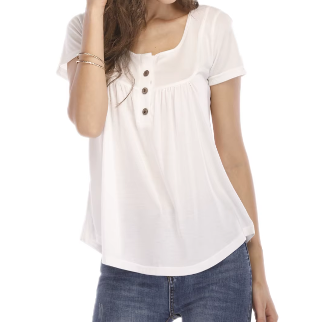 Women's High Quality Draw Pleat Button Short Sleeve Top SHIRT-BL139
