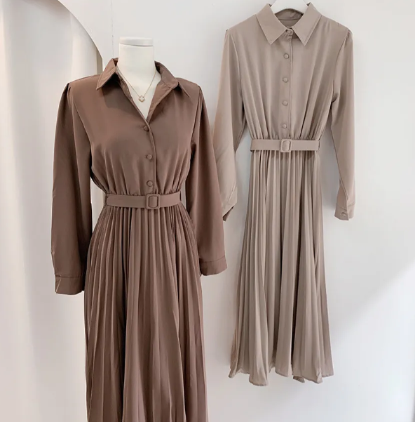 Trendy Lapel Collar Long Sleeve Knee Length DRESS-B106