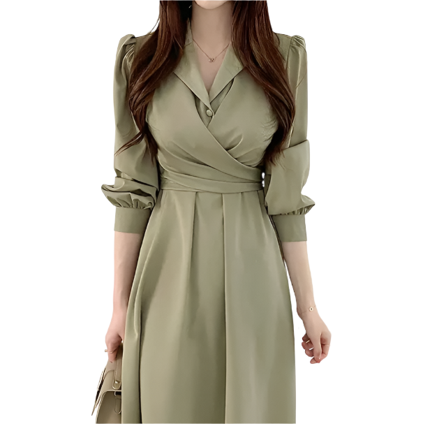 Elegant Lapel Collar Long Sleeve Mid Length DRESS-B101