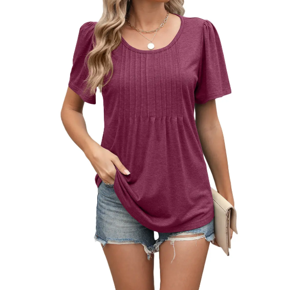Women's Summer Round Neck Pleated Front Breathable Top SHIRT-BL112