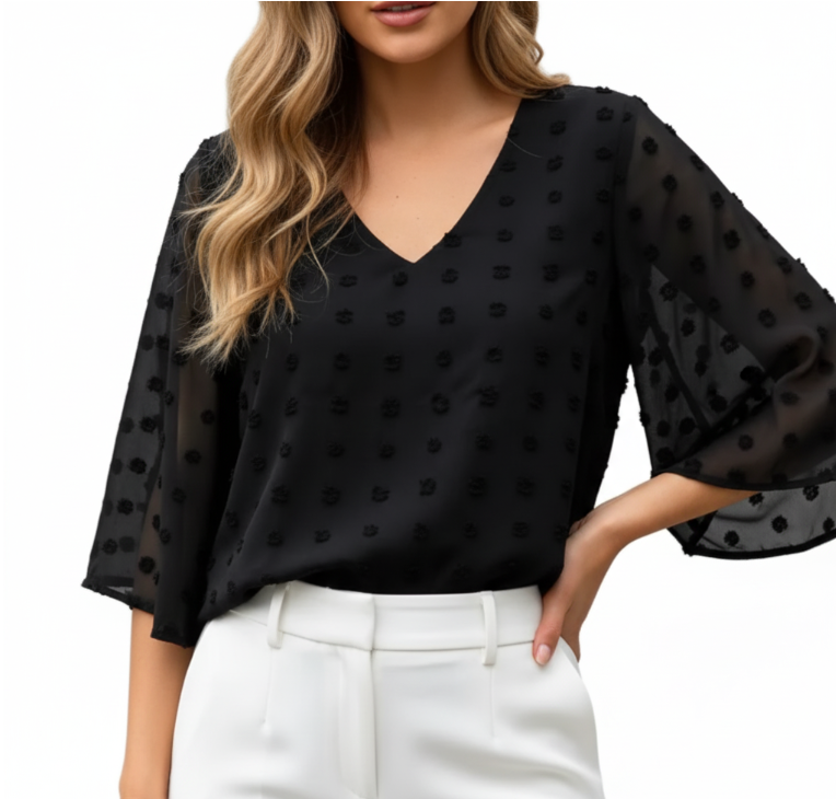 Chiffon V-neck self-embroidered dots Fabric with Half Short Flare Sleeve Blouse for Women- BL4