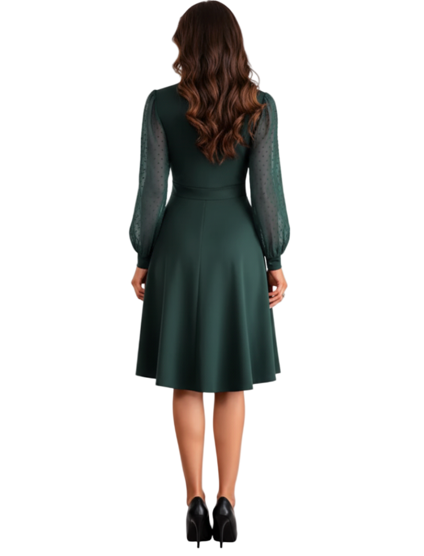 Classy Spring Mesh Puff Long Sleeve Pleated Cross V-neck DRESS-B107