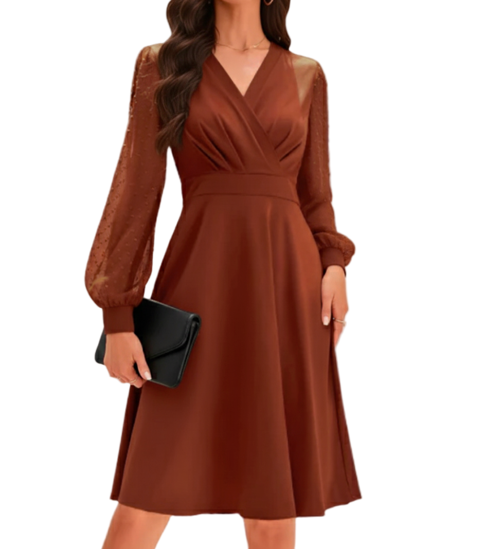 Classy Spring Mesh Puff Long Sleeve Pleated Cross V-neck DRESS-B107
