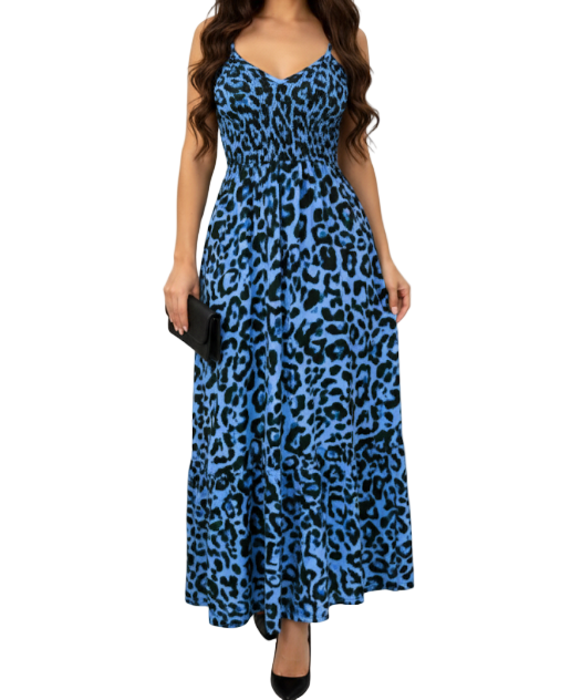 Classy & Elegant Leopard Print Shoulder Strapped Long DRESS-B40