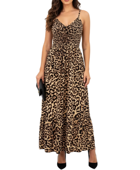 Classy & Elegant Leopard Print Shoulder Strapped Long DRESS-B40