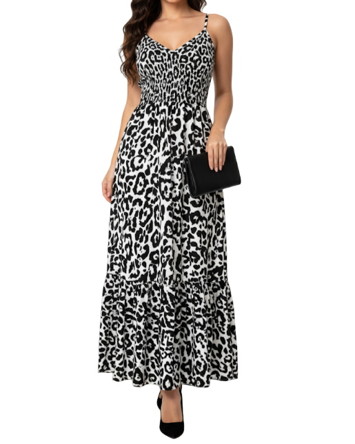 Classy & Elegant Leopard Print Shoulder Strapped Long DRESS-B40