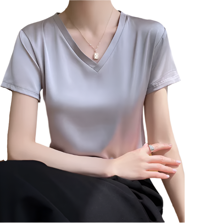 Classy & Timeless Silk V-neck Solid Color Short Sleeved Women's T-shirt Blouse - B6-TOP-B616