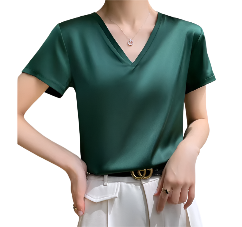 Classy & Timeless Silk V-neck Solid Color Short Sleeved Women's T-shirt Blouse - B6-TOP-B616