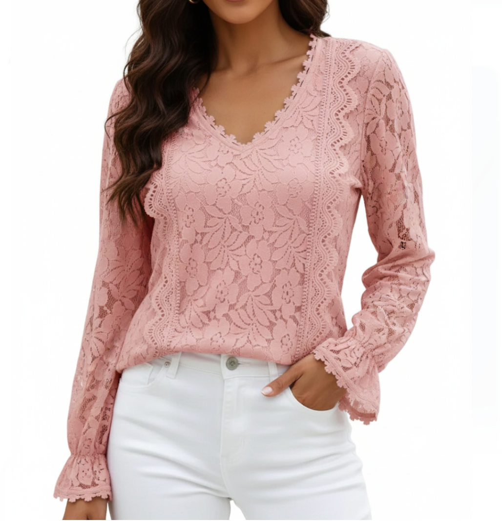 Elegant Lace Blouse for Women with V-neck & Long Sleeve – BL37