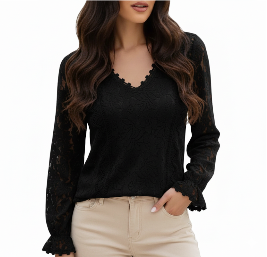 Elegant Lace Blouse for Women with V-neck & Long Sleeve – BL37