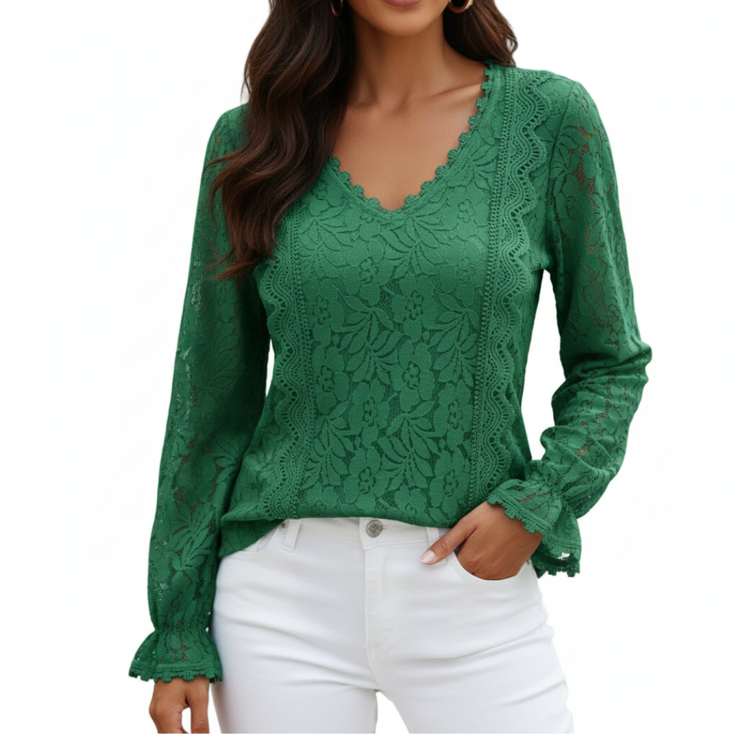 Elegant Lace Blouse for Women with V-neck & Long Sleeve – BL37