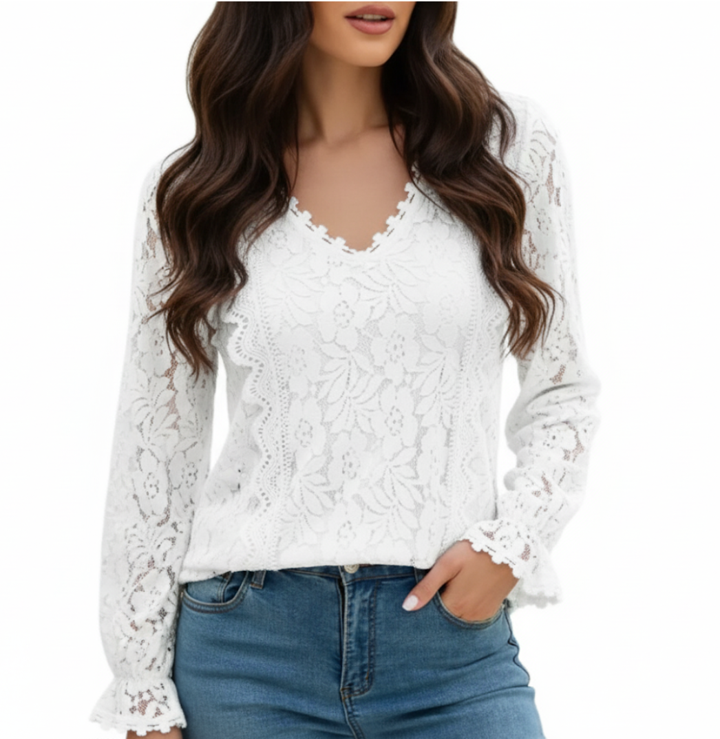 Elegant Lace Blouse for Women with V-neck & Long Sleeve – BL37