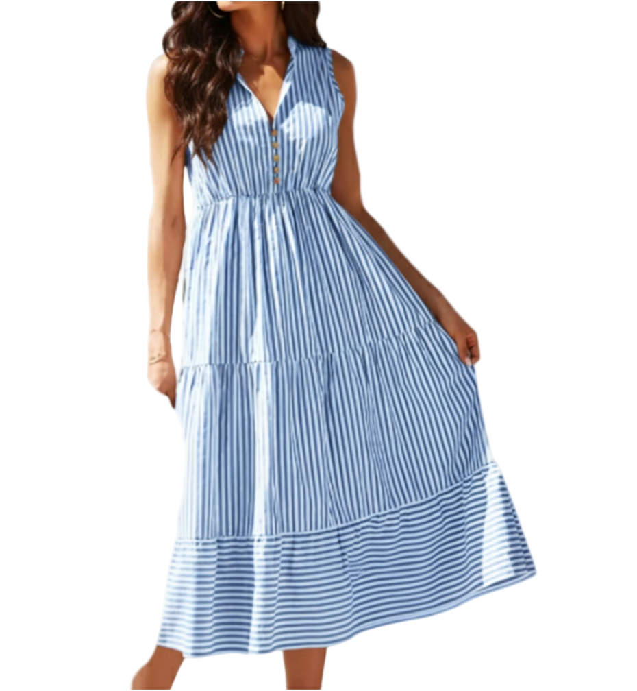 Elegant Sleeveless V-neck Striped Slim-Waist Dress for Women – DRESS-B49Z