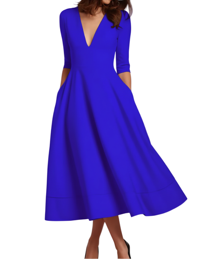 Elegant and Luxurious V-neck pocket A-line Dress for Women – DRESS-B67