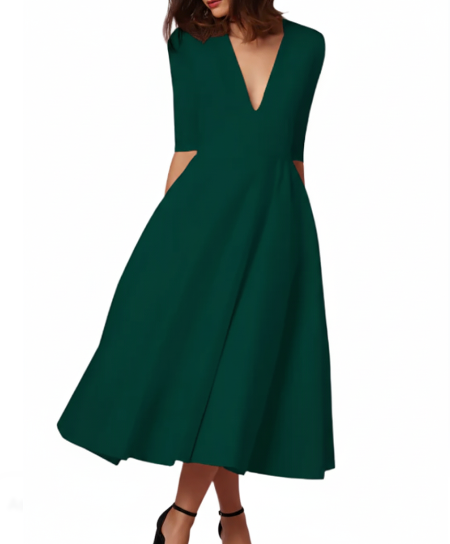 Elegant and Luxurious V-neck pocket A-line Dress for Women – DRESS-B67