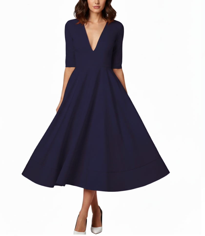 Elegant and Luxurious V-neck pocket A-line Dress for Women – DRESS-B67