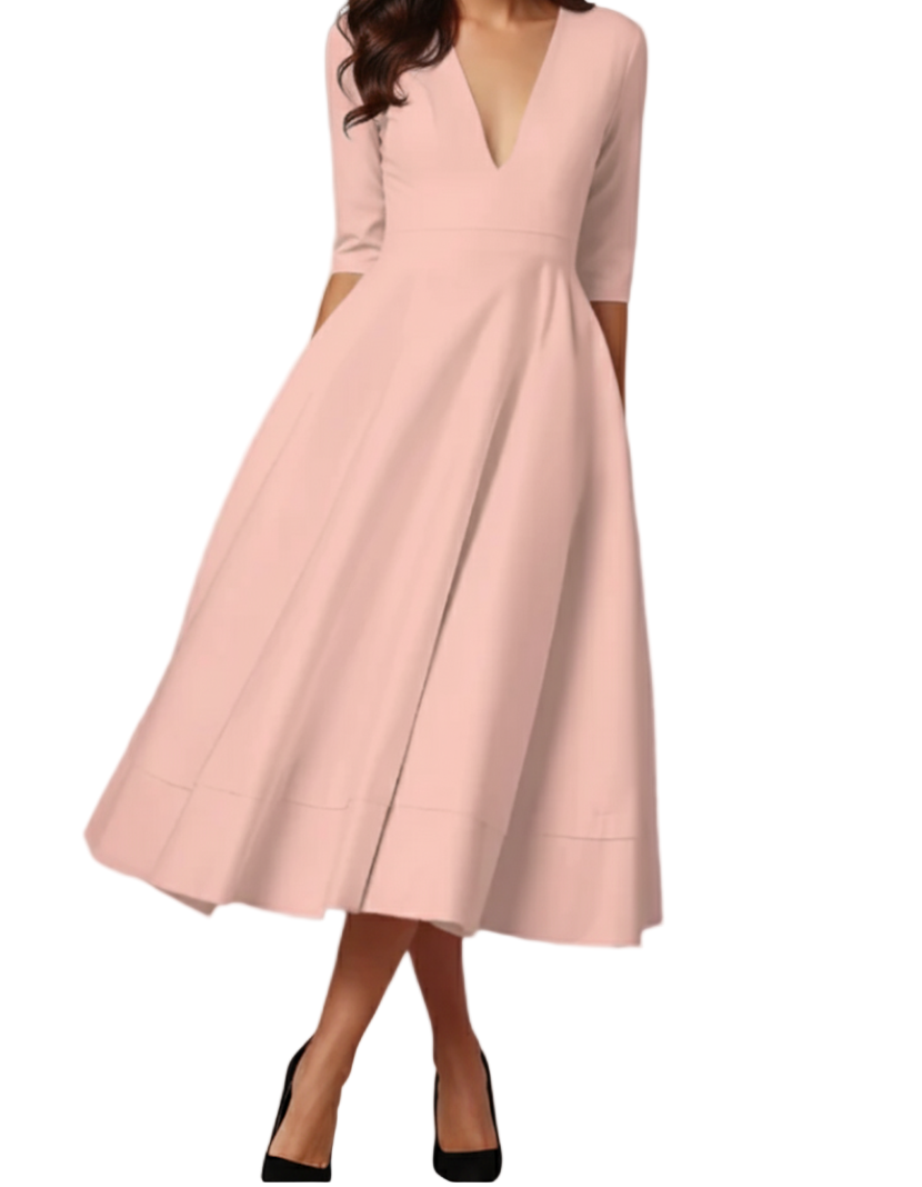 Elegant and Luxurious V-neck pocket A-line Dress for Women – DRESS-B67