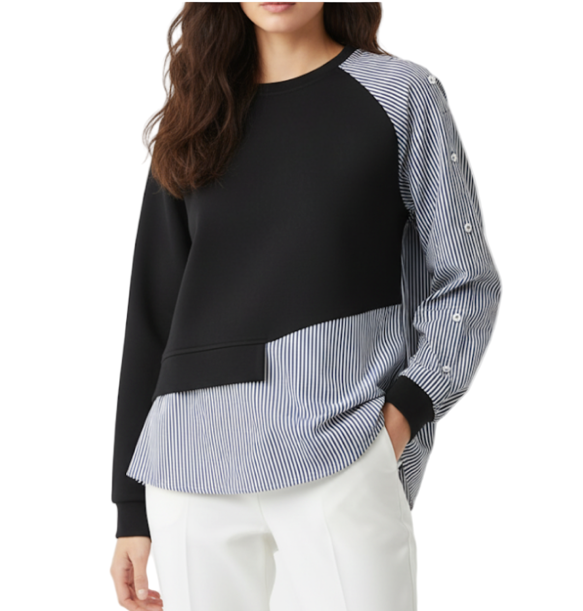 Round Neck Irregular Striped Patchwork Two-tone Cotton Shirt Hoodies - B6-TOP-B672