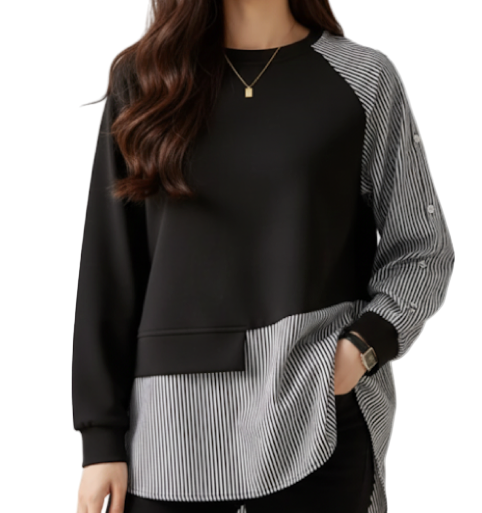 Round Neck Irregular Striped Patchwork Two-tone Cotton Shirt Hoodies - B6-TOP-B672