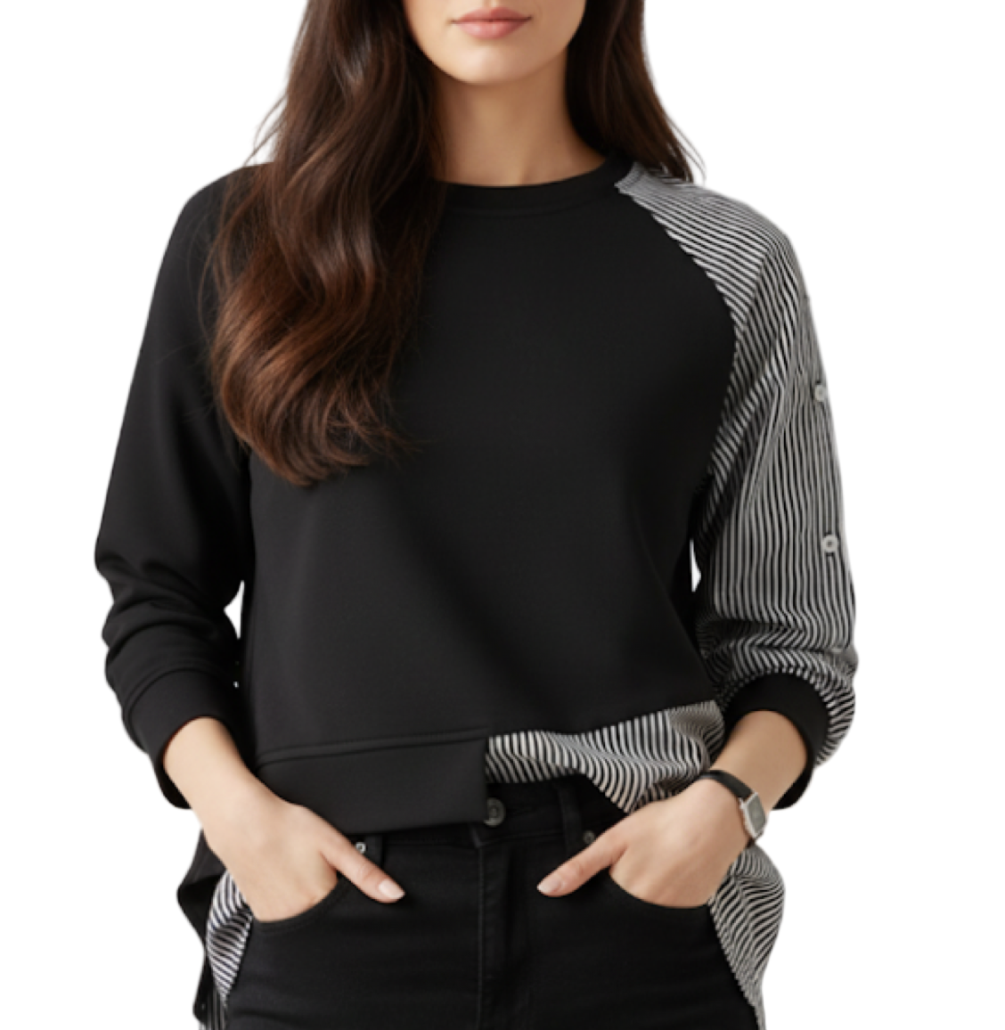Round Neck Irregular Striped Patchwork Two-tone Cotton Shirt Hoodies - B6-TOP-B672