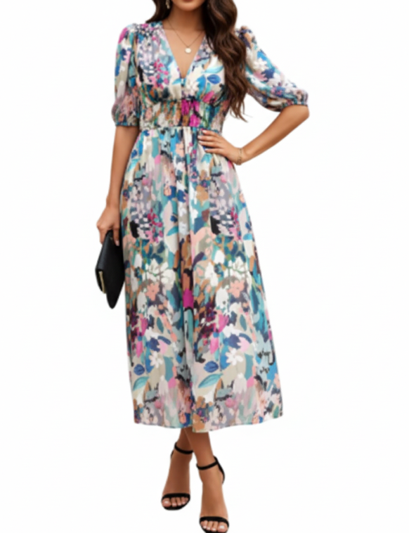 Short Sleeve V-neck Chiffon Floral Printed Slim Waist Dress for Women - Dress-B60