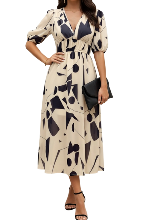 Short Sleeve V-neck Chiffon Floral Printed Slim Waist Dress for Women - Dress-B60