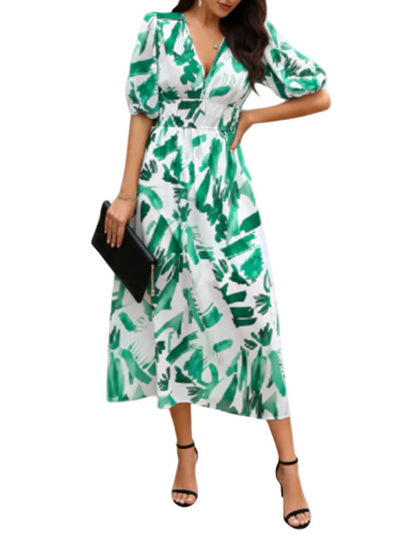 Short Sleeve V-neck Chiffon Floral Printed Slim Waist Dress for Women - Dress-B60