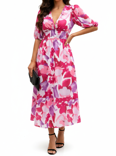 Short Sleeve V-neck Chiffon Floral Printed Slim Waist Dress for Women - Dress-B60