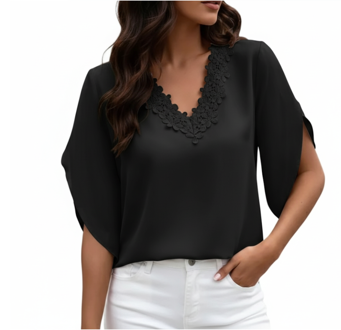 Solid Color Lace V-neck Flare Sleeve Top for Women – BL39