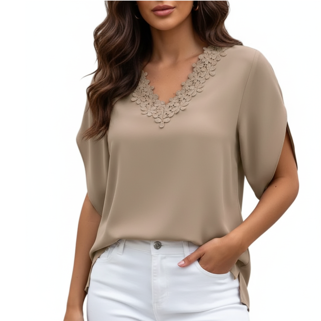 Solid Color Lace V-neck Flare Sleeve Top for Women – BL39