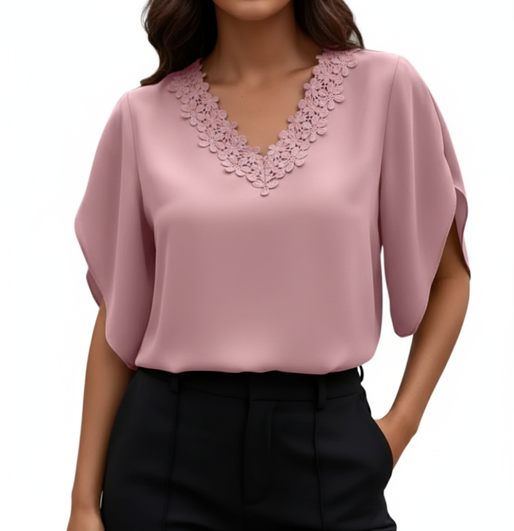 Solid Color Lace V-neck Flare Sleeve Top for Women – BL39