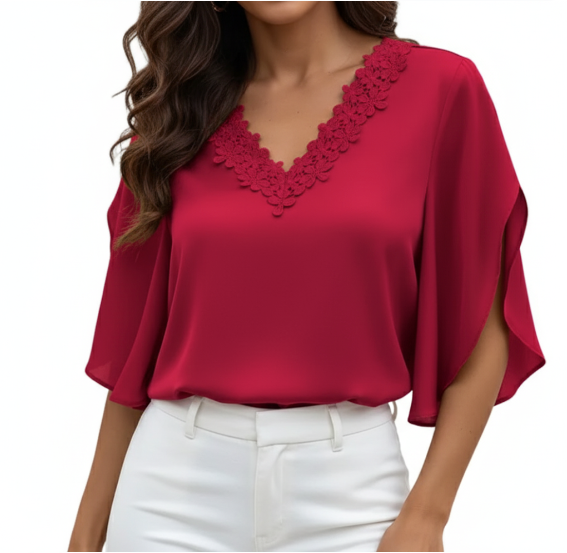 Solid Color Lace V-neck Flare Sleeve Top for Women – BL39