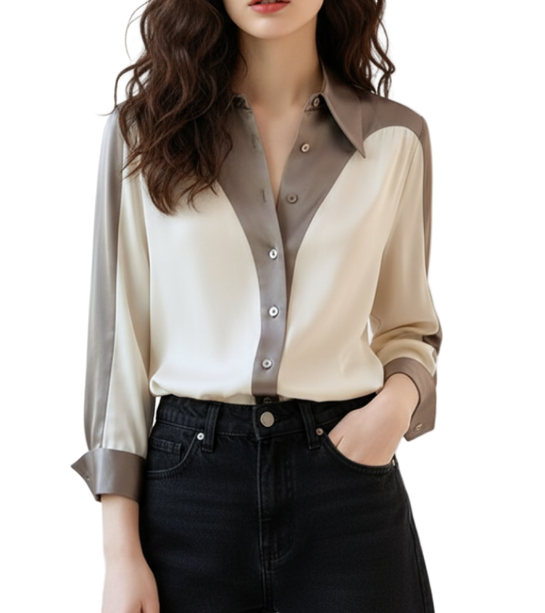 Trendy Patchwork Long Sleeve Cardigan Collar Dress Shirt for Women - SM8-TOP-61