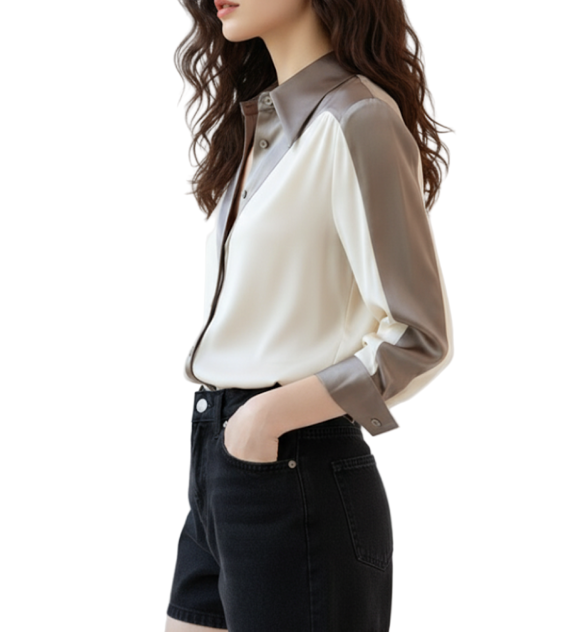 Trendy Patchwork Long Sleeve Cardigan Collar Dress Shirt for Women - SM8-TOP-61
