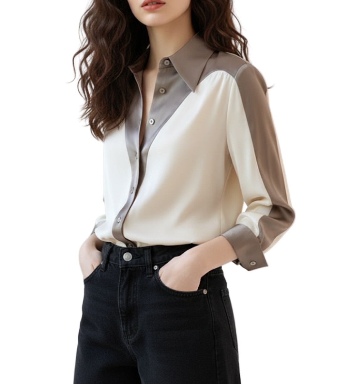 Trendy Patchwork Long Sleeve Cardigan Collar Dress Shirt for Women - SM8-TOP-61