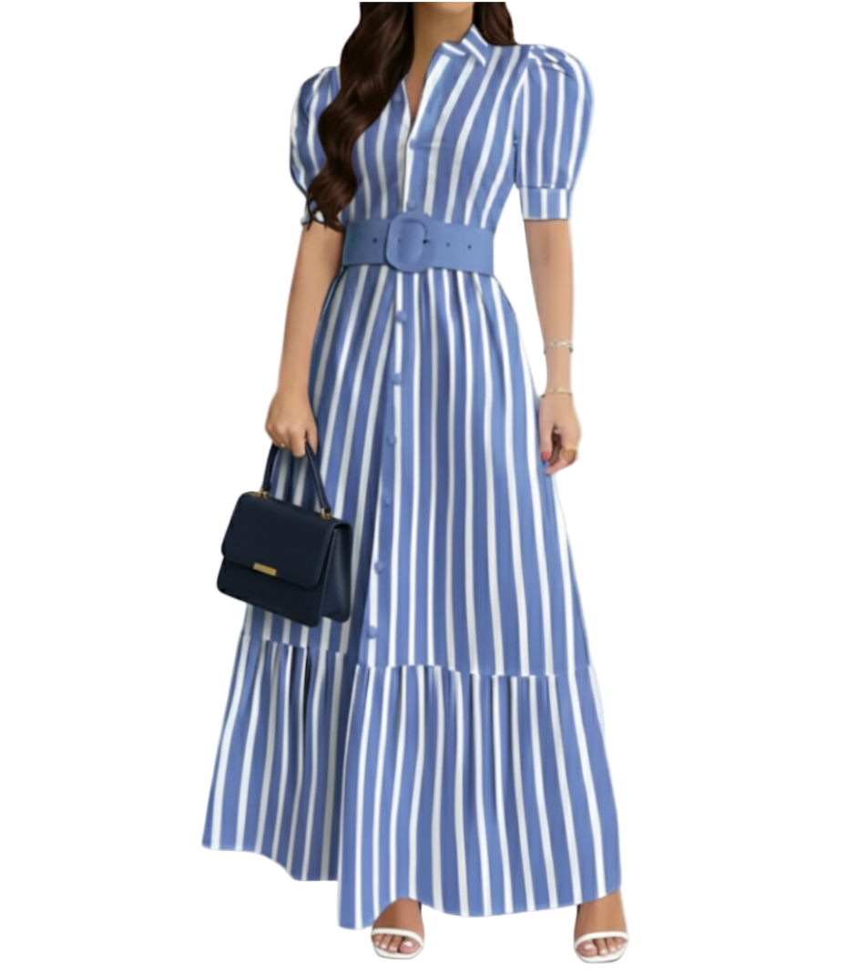 Trendy Short Sleeve Button Front with Waist Belt Long Summer DRESS-B115