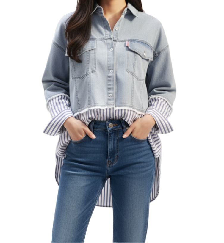 Trendy Striped Flip Collar Loose Fit Denim Spliced Women's Shirts -B6-TOP-B691