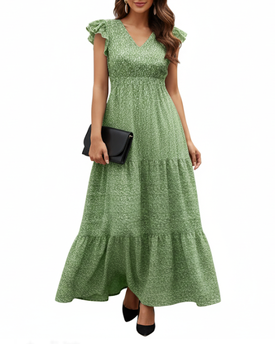 Trendy Summer Short Frill Sleeve High Waist Floral DRESS-B24
