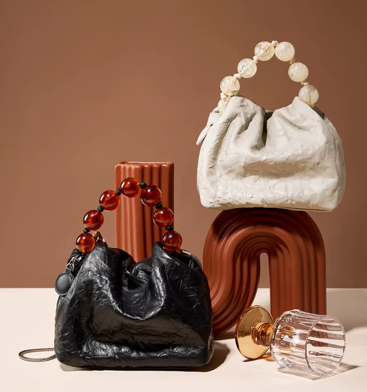 Trendy & Elegant Genuine Leather Designer Luxury Beaded Handle Handbags Shoulder Bag - B10-BAG-58