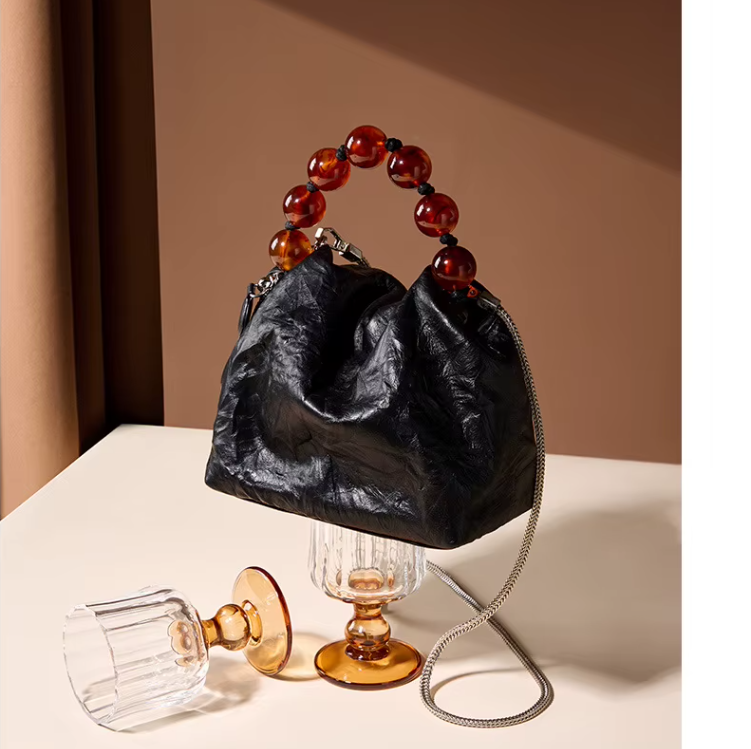 Trendy & Elegant Genuine Leather Designer Luxury Beaded Handle Handbags Shoulder Bag - B10-BAG-58