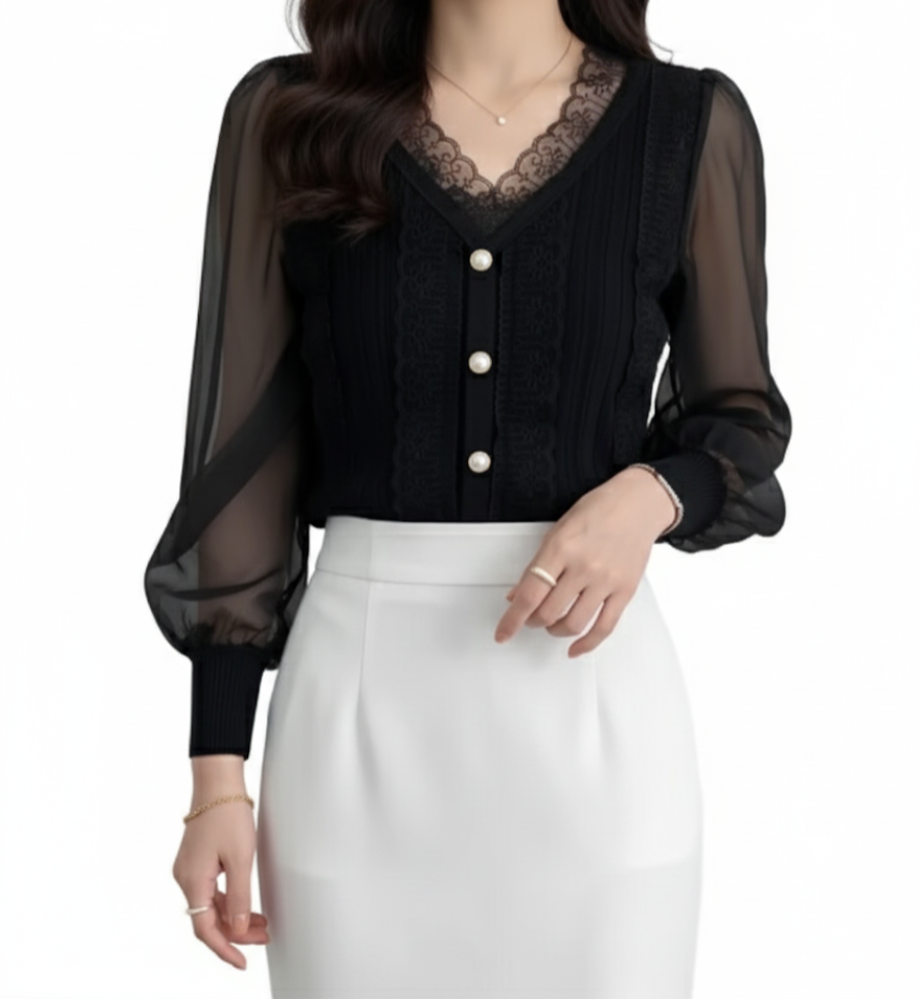 Trendy & Elegant Laced V-neck Shirt TOP-B1-BL-268
