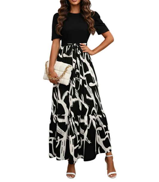 Trendy & Elegant O-neck Short Sleeve Long Skirt Dress for Women- DRESS-B114